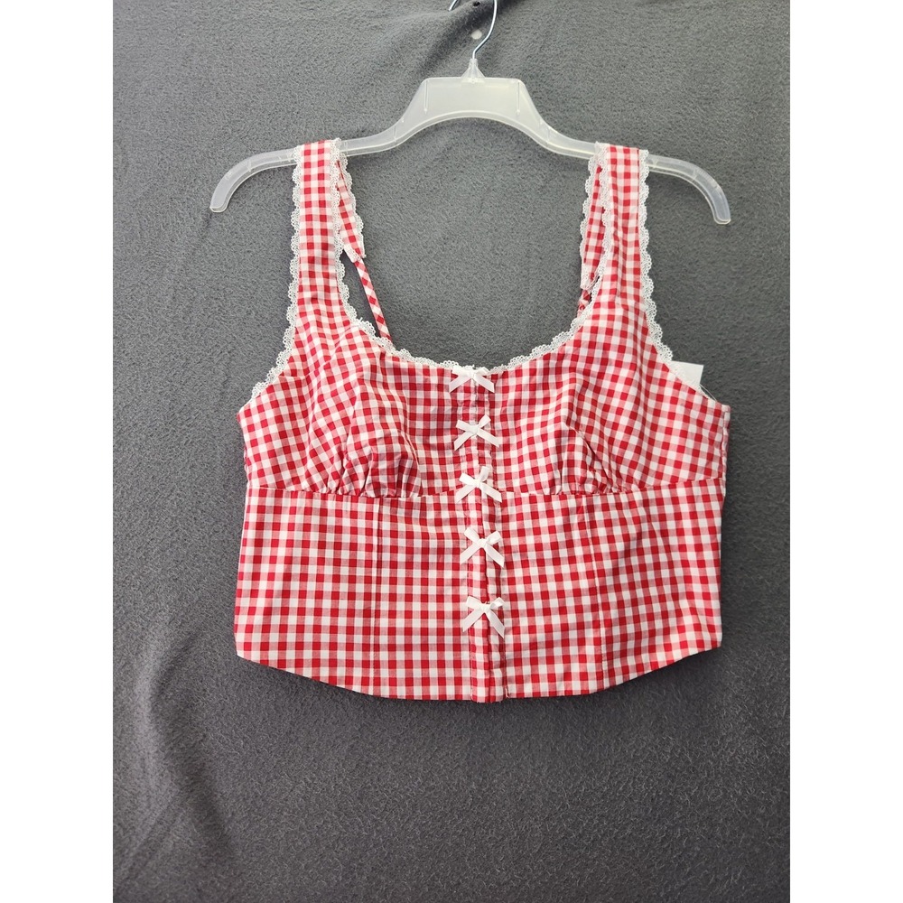 Moa Moa Y2K Red White Gingham Corset Crop Top Lace Trim Size XL Coquette Cottage